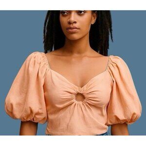 Abercrombie & Fitch Peach Salmon Puff Sleeve Crop Top S Stretch Ruched Keyhole